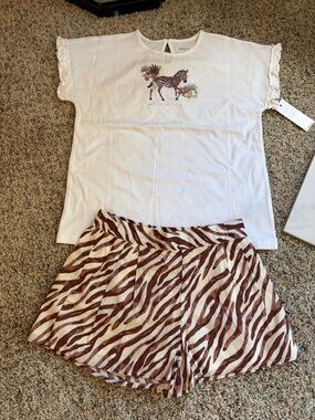 Janie and Jack Cream Top with Brown Zebra-Print Shorts